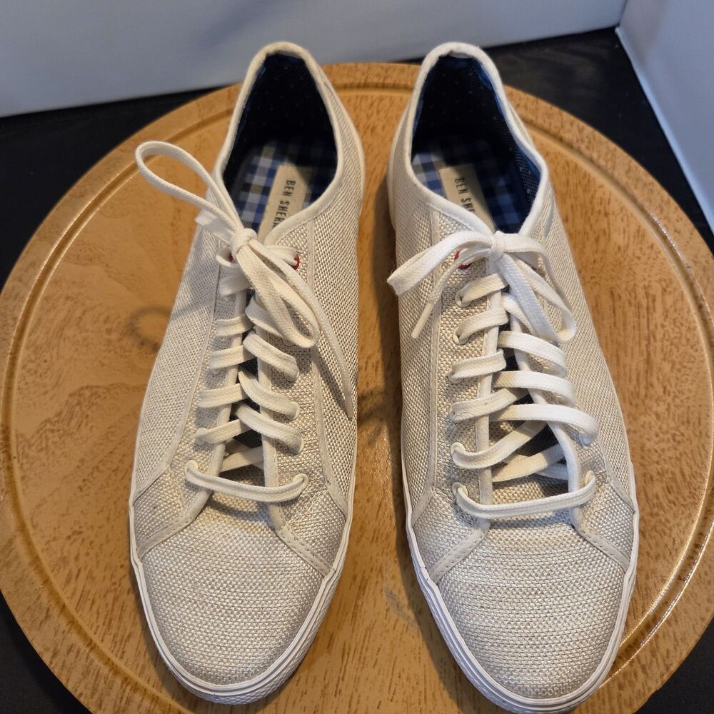 Ben Sherman Mens 10 Sneakers Beige Canvas Suede Low Top Lace Up Casual Shoes